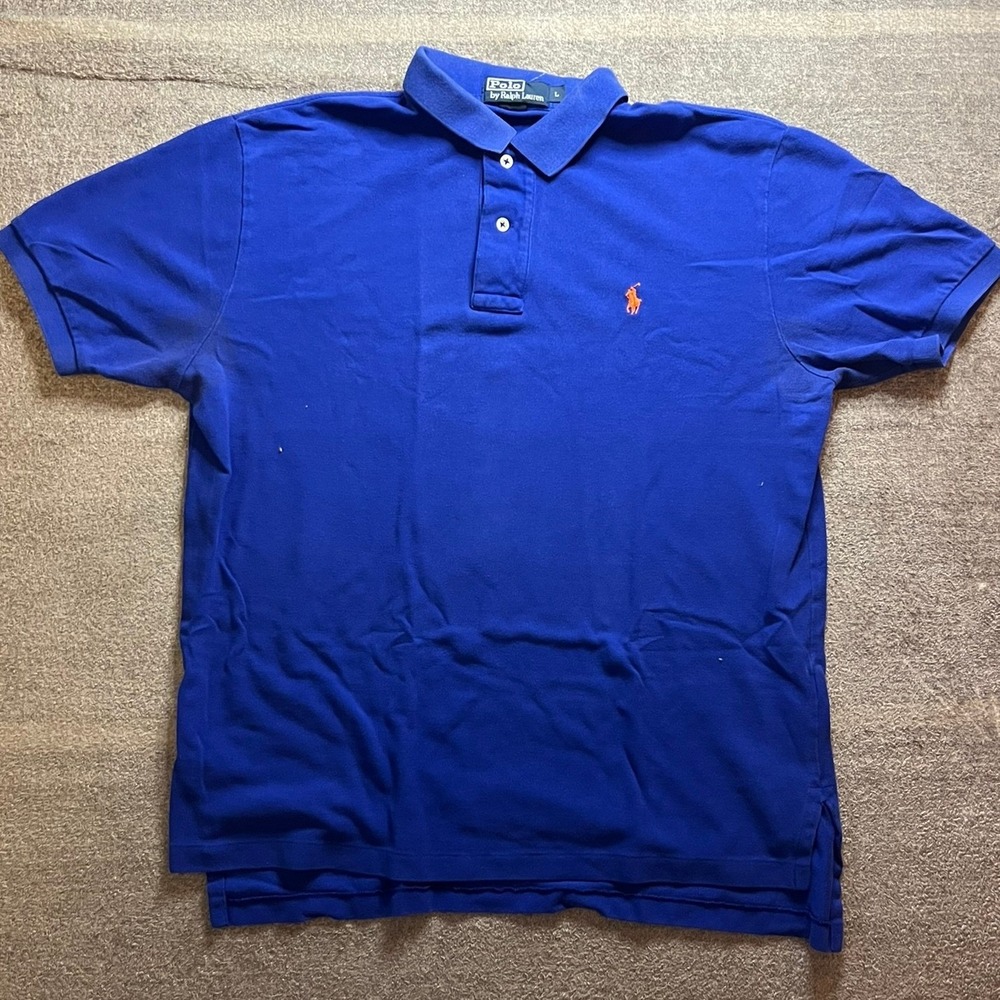Vintage Polo Ralph Lauren Mens Large Royal Blue Orange Pony Pique Polo Shirt